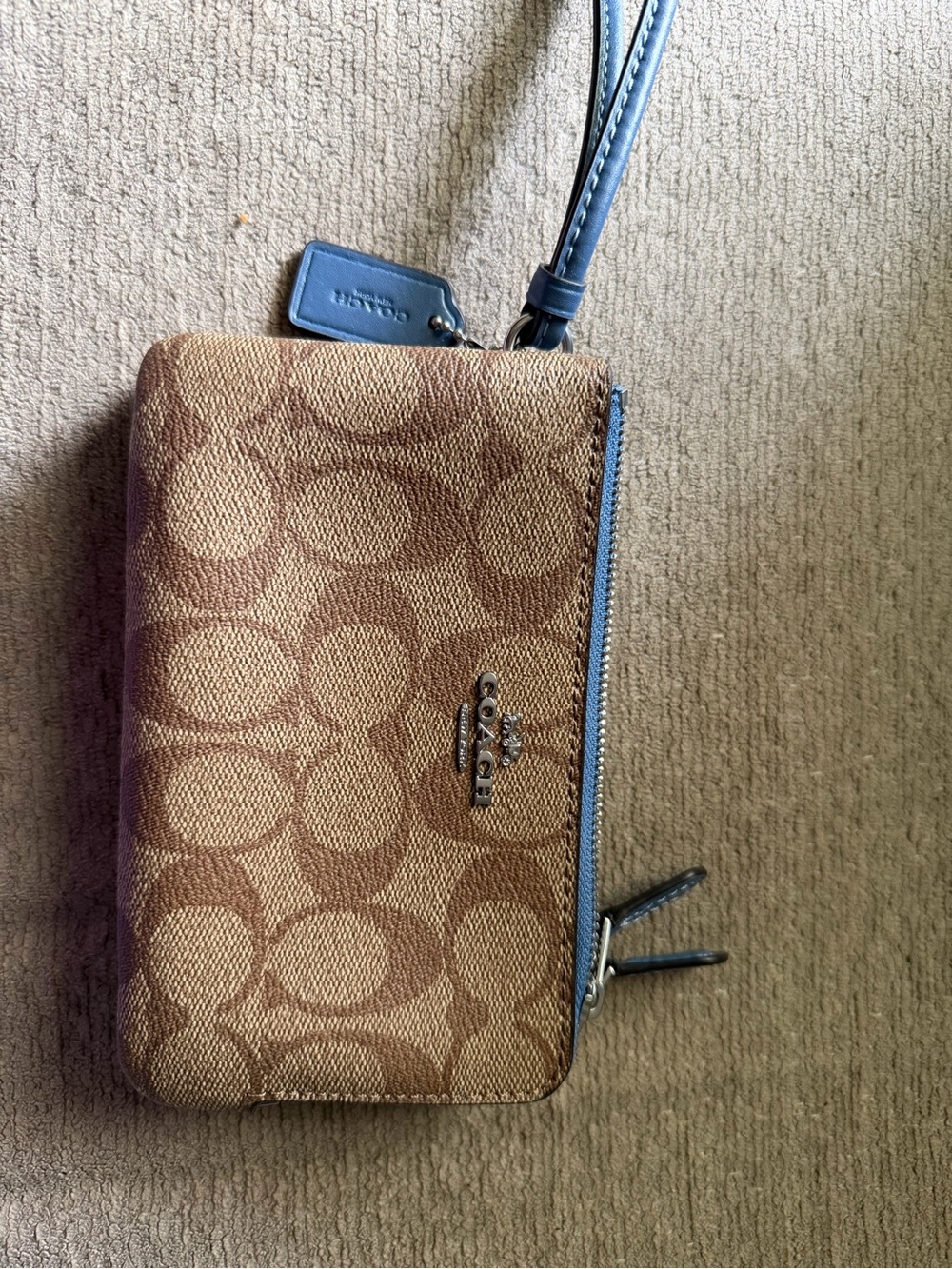 Coach Brown Signature Canvas Wristlet with Blue Trim